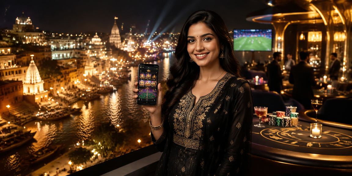 Varanasi ghat with casino online gaming concept on mobile